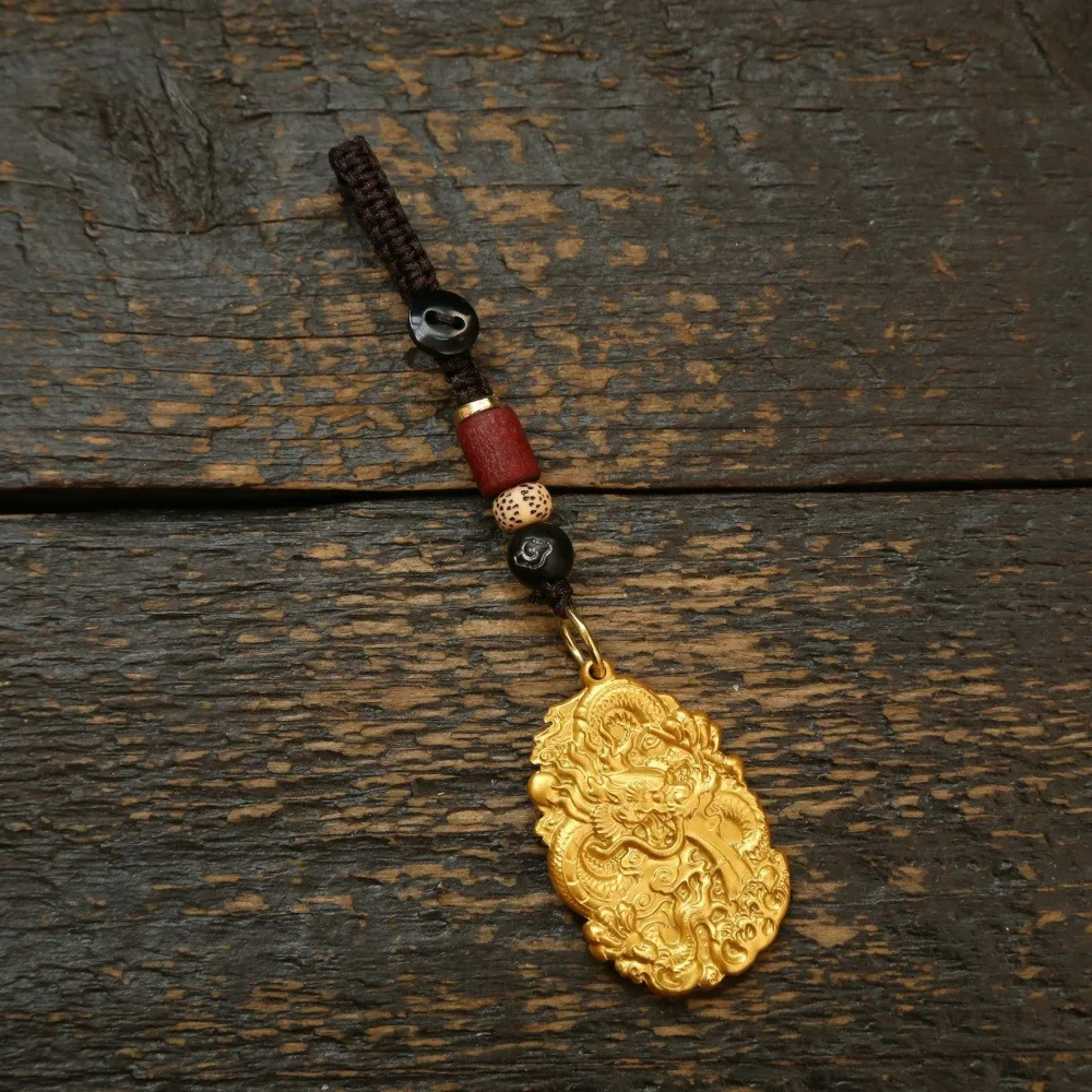 2 Pcs Vintage Golden Dragon Pendant Keychain Charms, Chinese Lucky Dragon Amulet Car Rearview Mirror Hanging Ornaments, Hand Woven Beaded Rope Bag Key Holder for Men Women Good Fortune Gift
