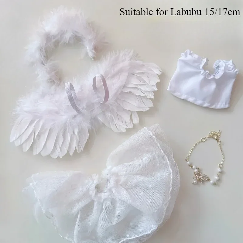 17cm Labubu Doll's Clothes Devil Dress Black and White Angel Feather Set Black Wedding Dress Outfit Akcesoria Odzież Prezenty