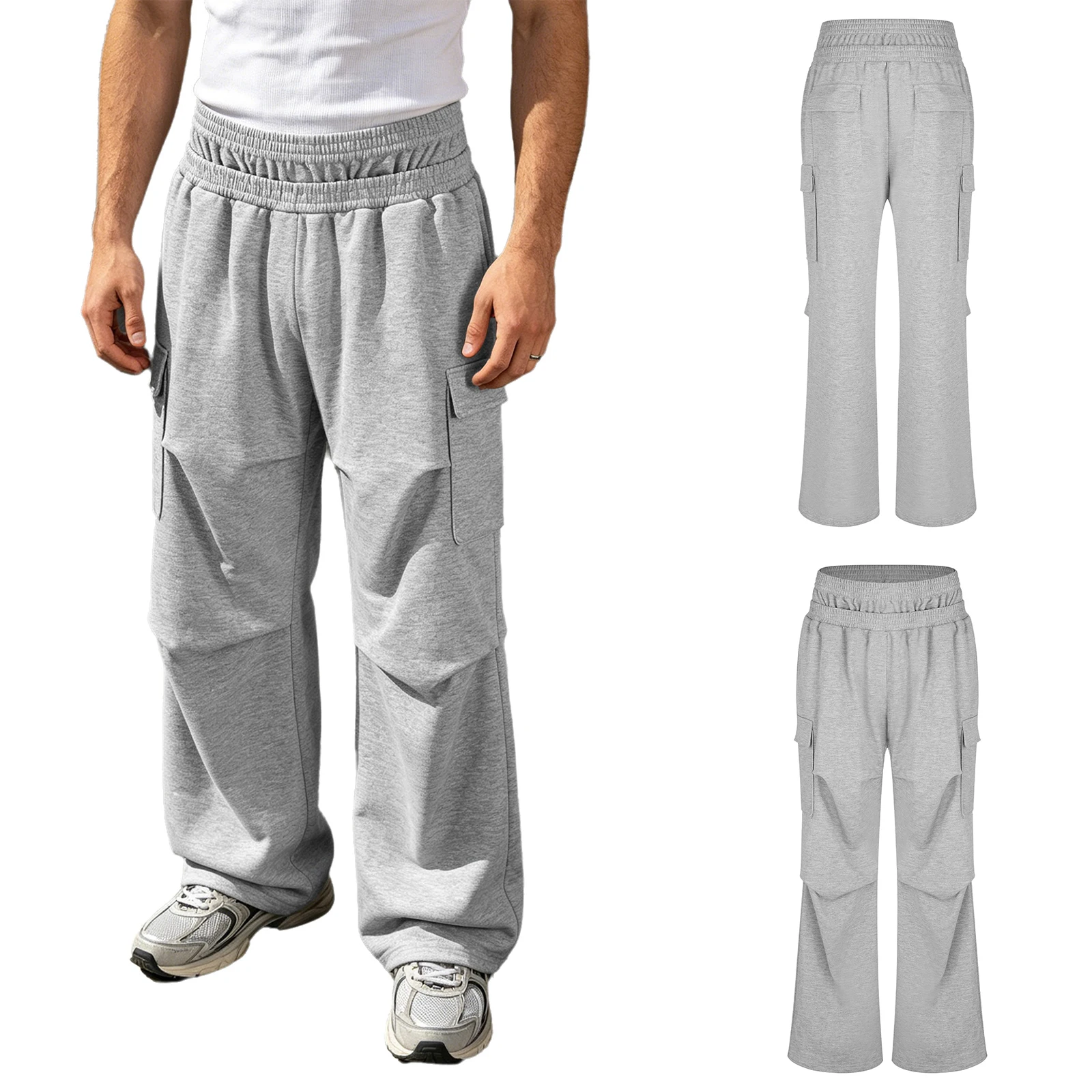 Men Double Waistband Cargo Pants Ruched Wide Leg with Pockets Stretchy Breathable Casual Outing Hip Hop Sports Running Summer