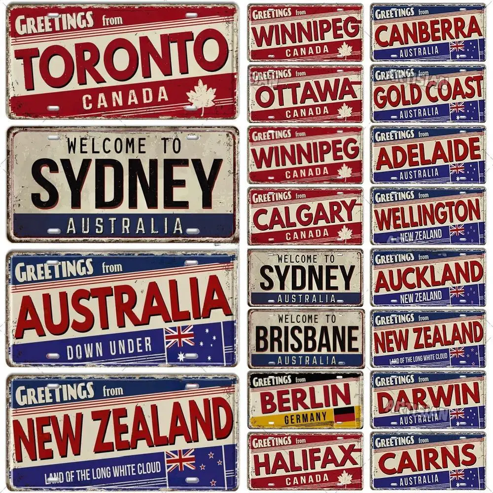 CANADA  AUSTRALIA NEW ZEALAND Greetings From Landmark License Plate City State Metal Tin Plaque Car Metal Sign Garage Wall Decor