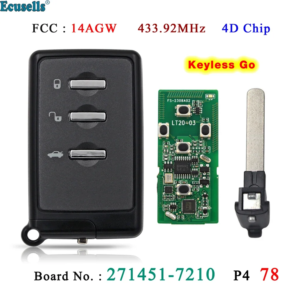 

Ecusells 3 Button Keyless Go Smart Remote Key ASK 433.92MHz 4D Chip for Subaru Legacy Board 271451-7210