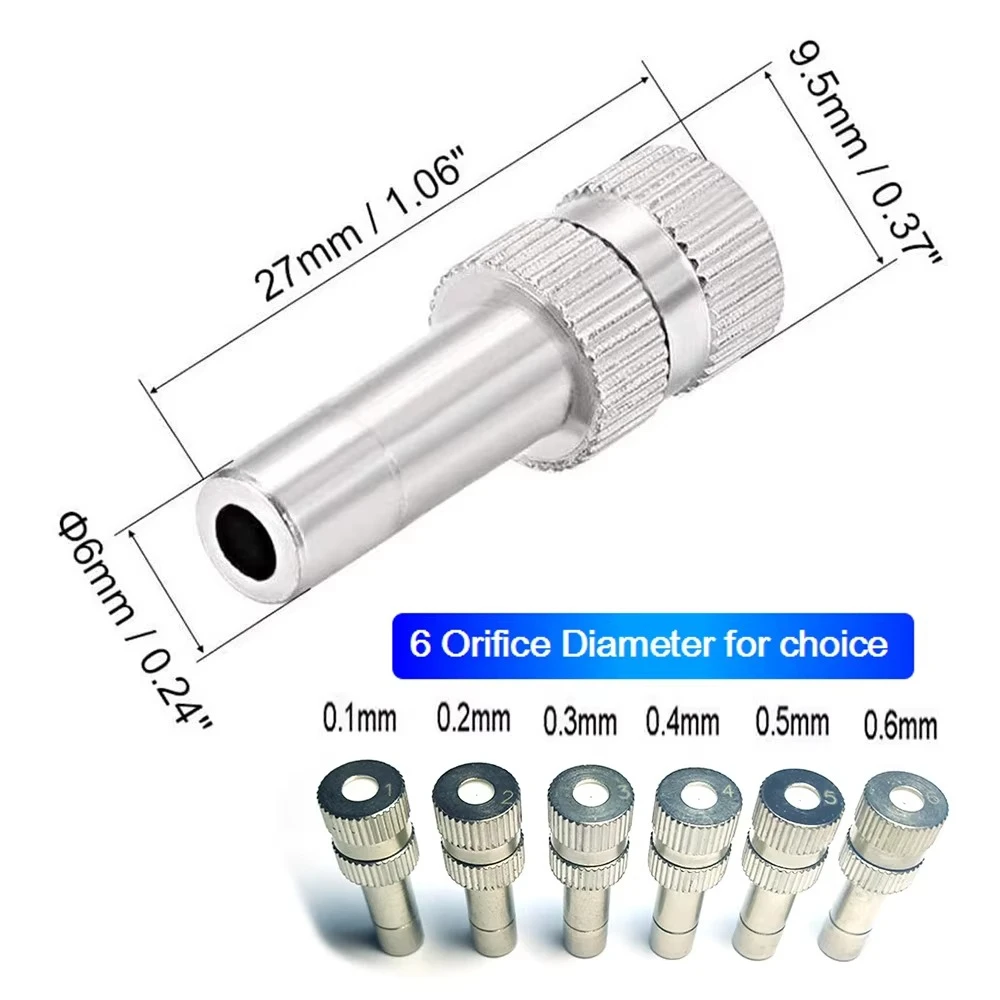 6mm Misting Nozzles Orifice 0.1mm-0.8mm Quick Connector Atomizing Mister Sprayer Nozzle For Outdoor Cooling 50PCS/Box