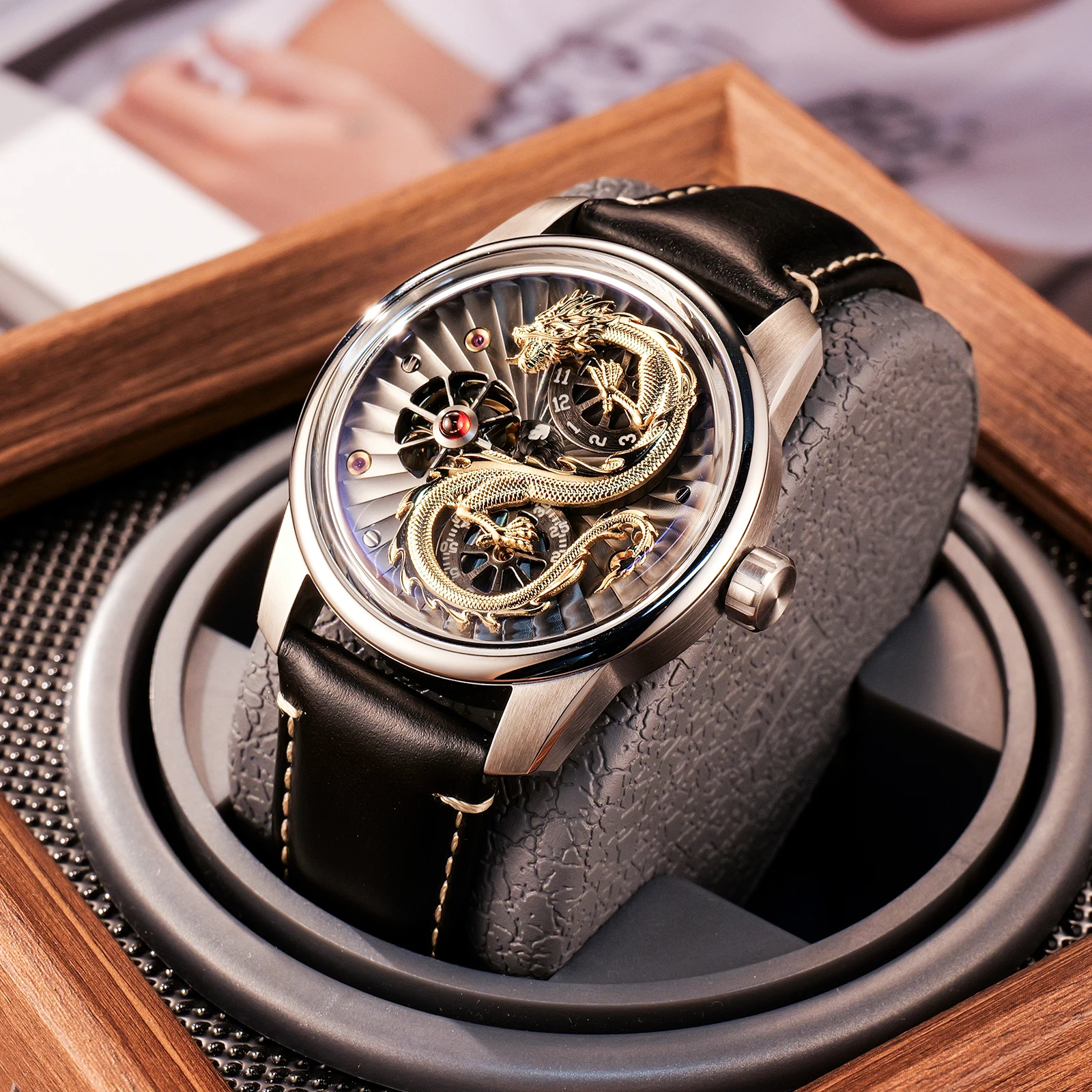 

OBLVLO Luxury Creative Men's Dragon Dial Automatic Watch Double Wheels Luminous Waterproof Leather Mechanical Watch JM-DRAGON