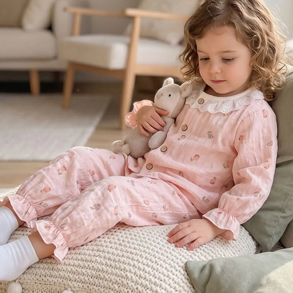 Summer Spring Autumn Kids  Pajamas Sets Girls Long Sleeve Lace Sleepwears Children's Home Clothing Sets in Air-conditioned Room