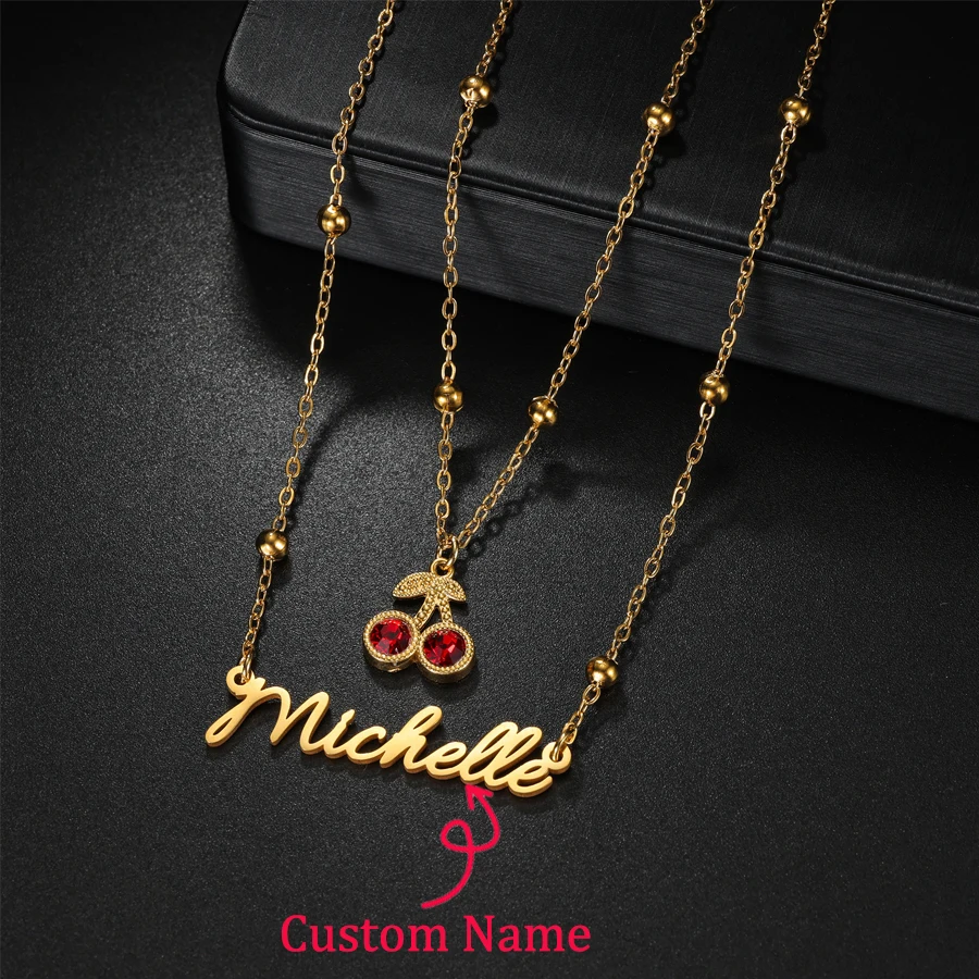 

Acheerup Personalized Name Double Layers Necklace for Women Stainless Steel Custom Letters Red Color Cherry Charm Jewelry Gifts