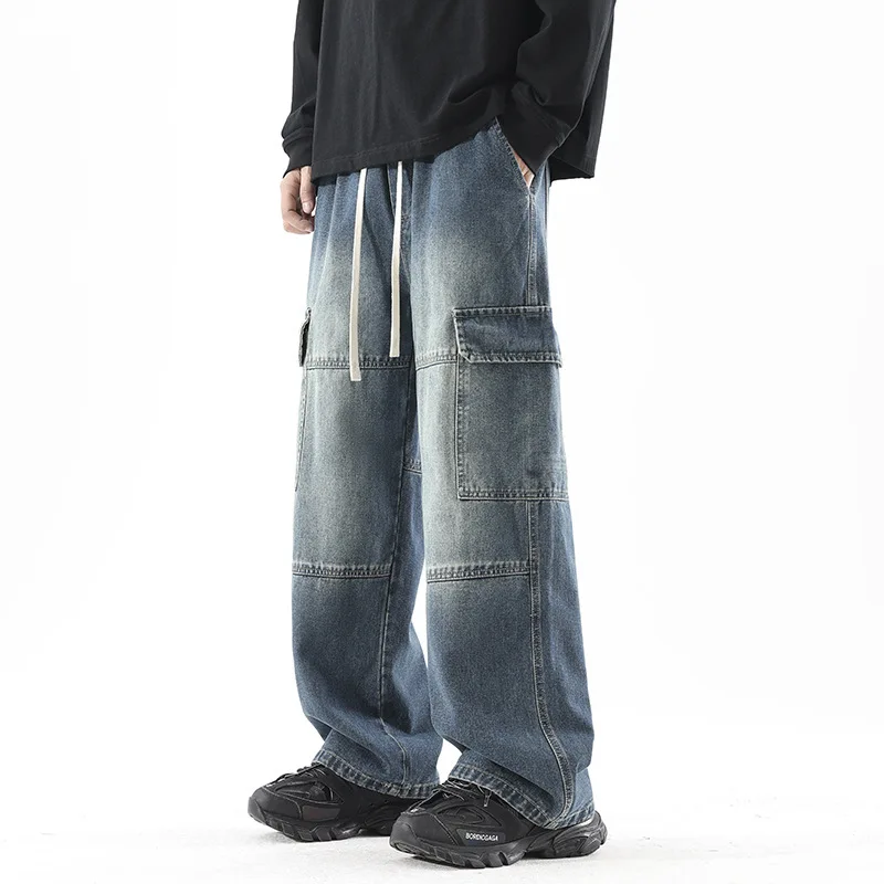 Vintage Men's Working Jeans 2025 Spring New Straight Wide Legs Jeans Cargo Pants Korean Fashion Street Hip Hop Baggy Pants Y2k