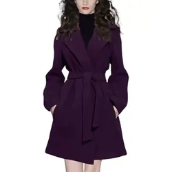 Fashion Purple Woolen Coat Women 2022 Autumn Winter Coats Overcoat New Waist Belt Woolen Trench Coat Female Elegant Outerwear