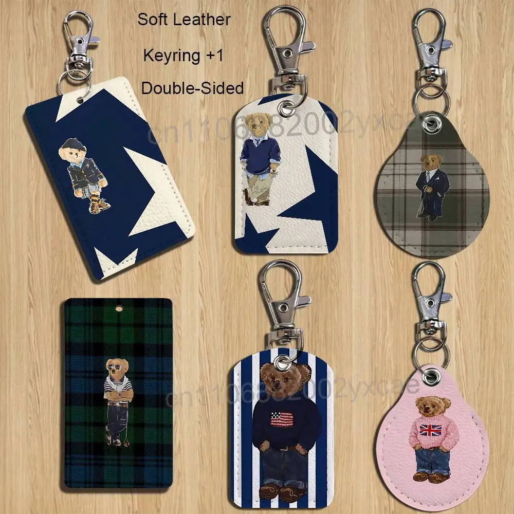 

Furry cute Art Polo Bear Rectangle ID Card Case Keychain Access Card Bag Key Tag Ring Leather Card Holder Key Ring Access