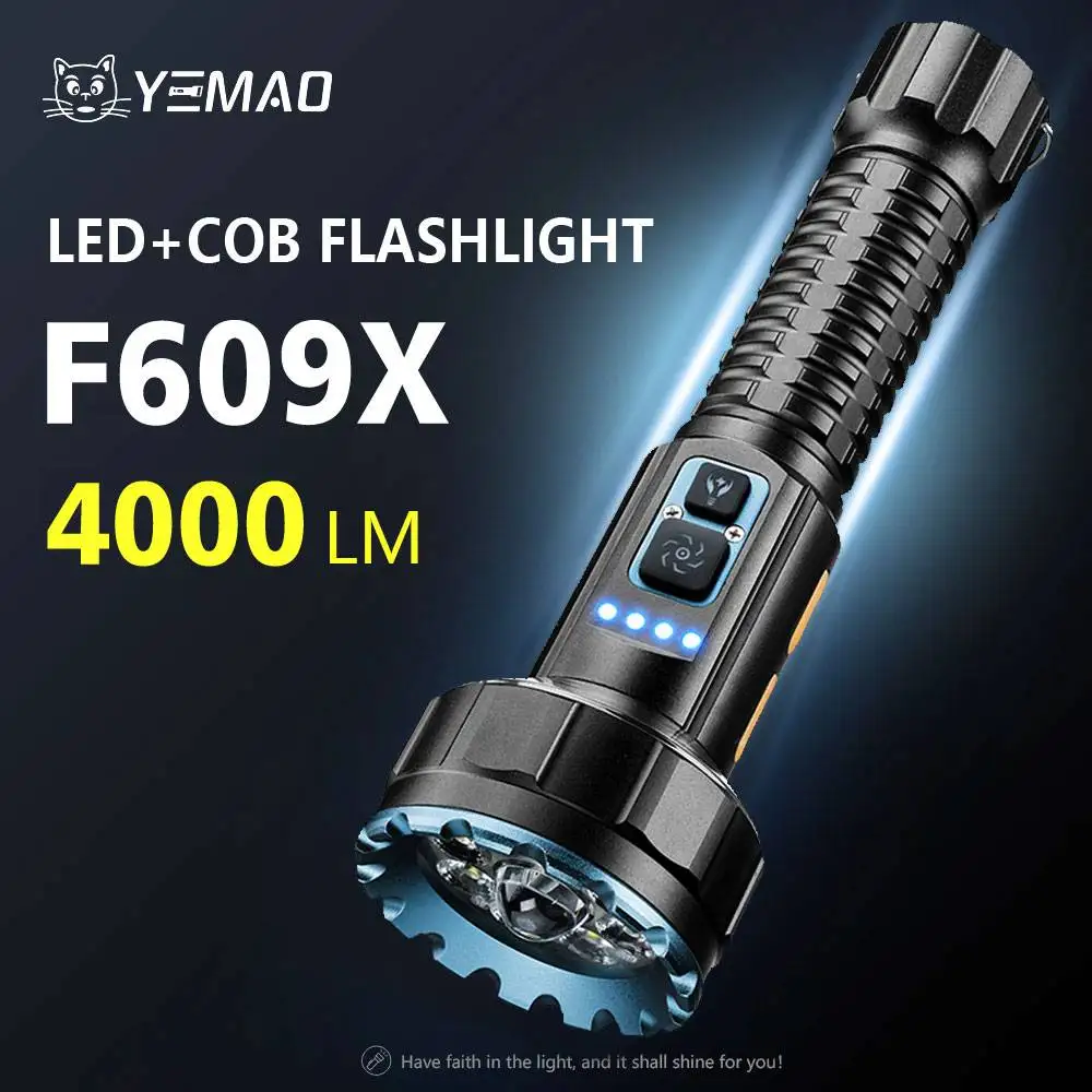 

4000LM Portable LED+COB Flashlight Dual Switch With Hook 10 Lighting Modes 9 LED Beads 21700 Battery Rechargeable Magnetic Torch