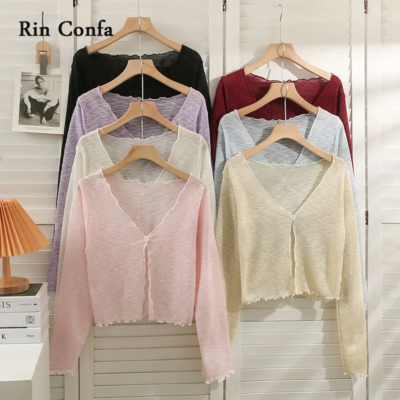 

Rin Confa Neck Female Clothing All-Match Thin Blouses Fashion Perspective Sunscreen CardiganFemale Clothing Tops Edge Curllow