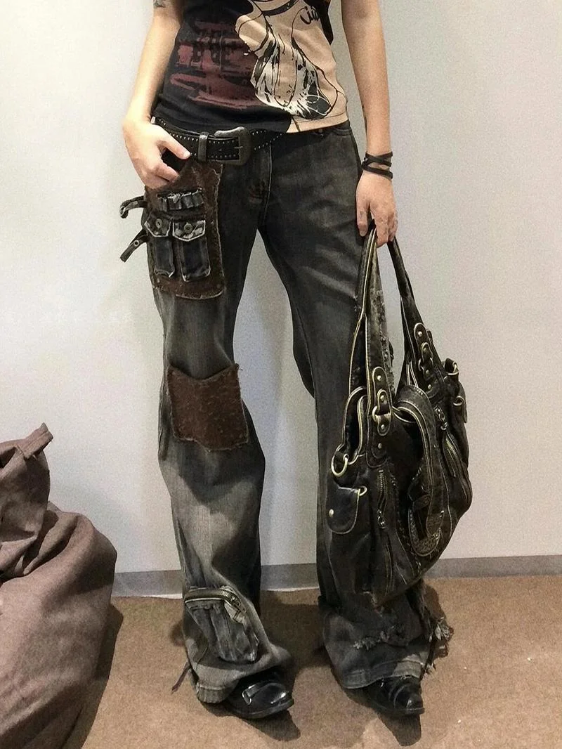 

Design Sensation Heavyweight Multi-ket Micro Flared Pants Women Summer New American Spicy Girl Patchwork Floor-Length Jeans