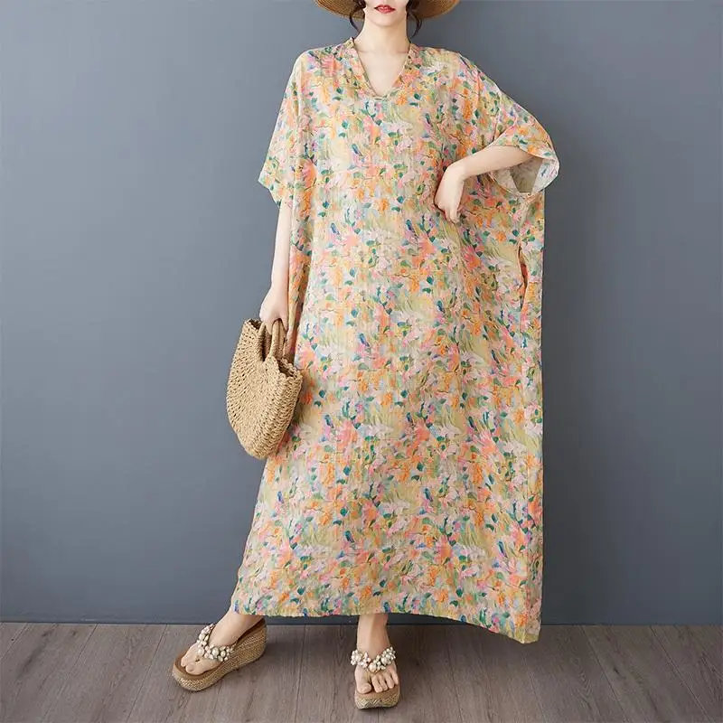 Short Sleeve Plus Size Cotton Vintage Floral Midi Dresses with Pocket Women Casual Loose Maxi Long Summer Dress boho print cloth