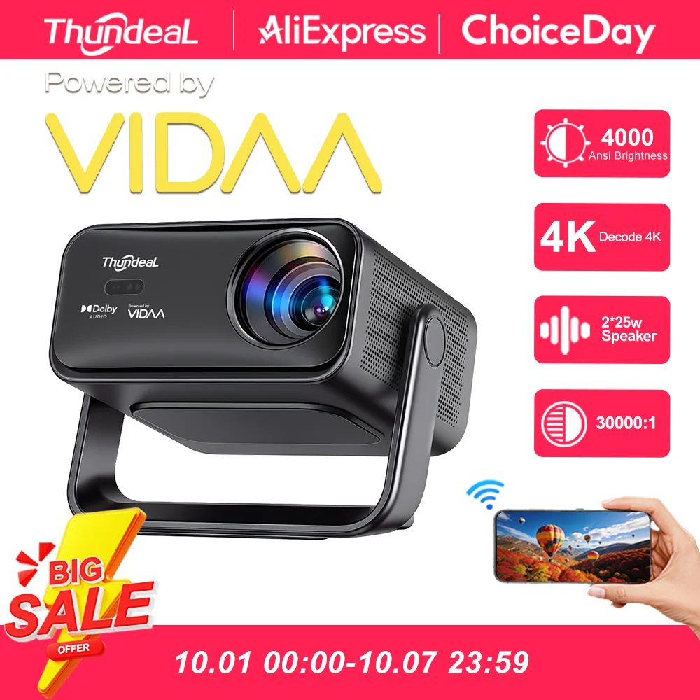 ThundeaL VIDAA TD99W 4K Full HD Projector WiFi 50W Dolby Home Theater TD98 Upgraded TD99W Cinema Gaming Outdoor Beam Projector