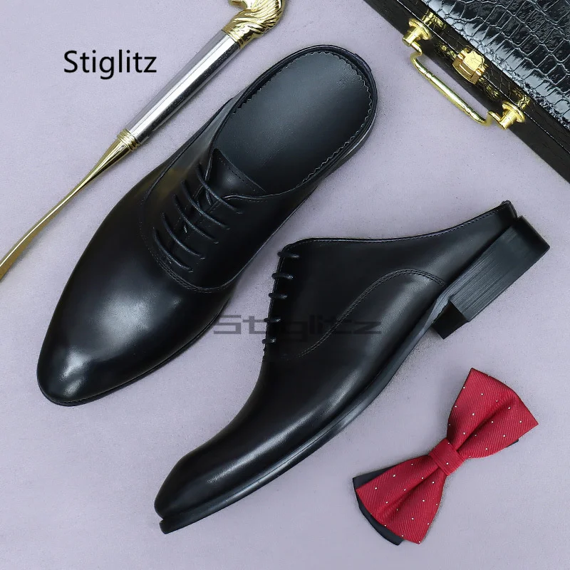 

Men's Half Shoes Genuine Leather British Style Business Luxury Handmade Summer Mules Black Office Social Shoes Sandals Slippers