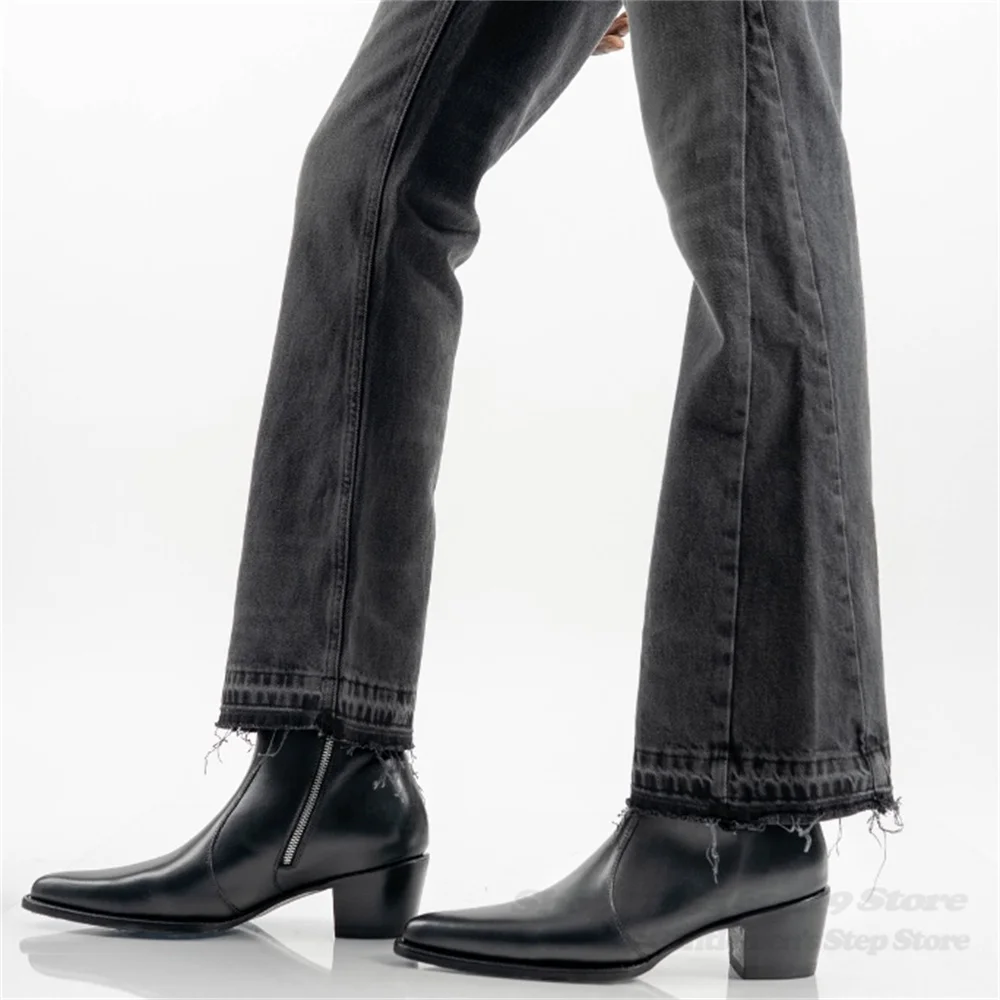 รองเท้าบูทเชลซีส้นสูงหัวแหลมสีดำผู้ชายหนังแท้สไตล์อังกฤษมีซิปด้านข้างทันสมัยหรูหราเหมาะสำหรับธุรกิจและงานทางการ