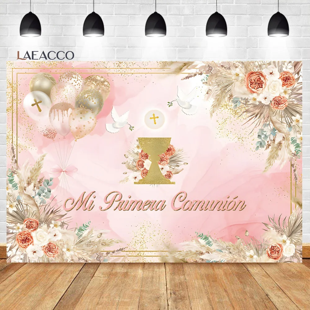 Laeacco Mi Bautizo Backdrop Cute Angel Gold Cross Peace Dove Boy Girl Baptism Christening Portrait Custom Photography Background