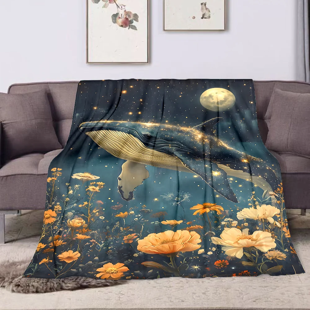 

1 шт. одеяло с принтом звезд, китов и цветов, универсальное одеяло для всех сезонов, подходит для дивана, кемпинга, путешествий, автомобиля.