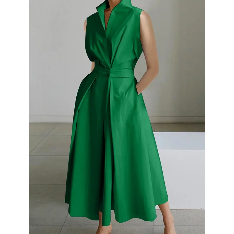 

Adult Female Dress New Solid Color Lapel Collar Sleeveless A-Line Dress 2024 Summer Women's Stylish Casual Midi Dresses