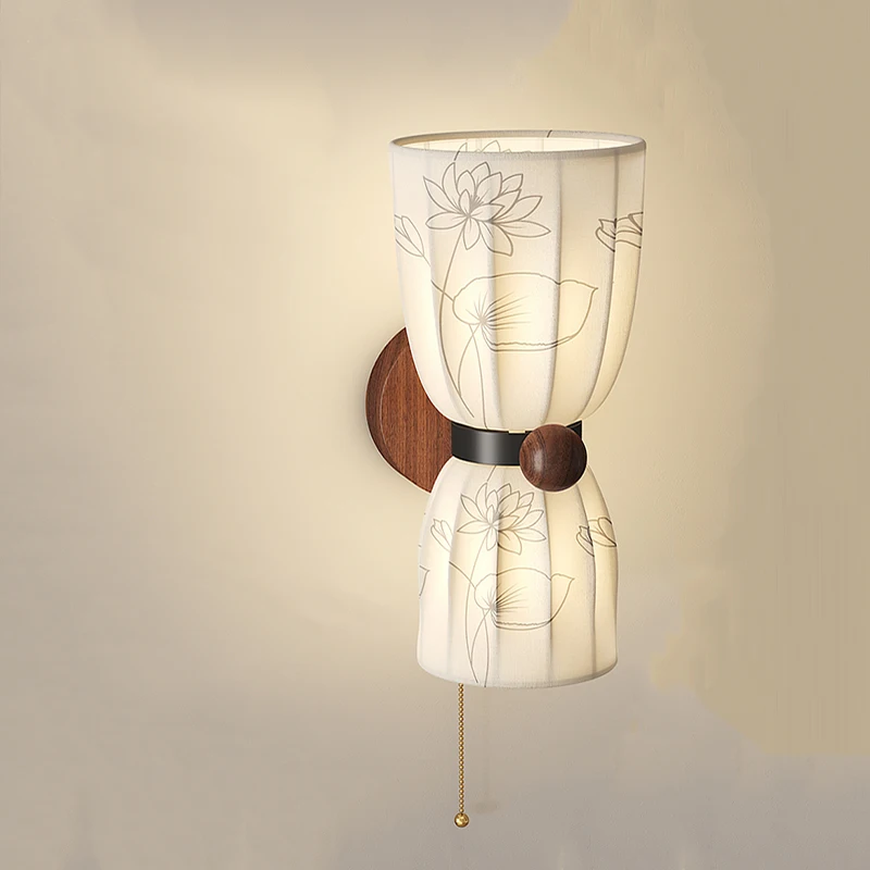 Chinese Retro Bedroom Bedside Wall Lights Fabric Lampsahde Zipper Switch Living Room Zen Wall Lamp for Hallway Aisle Entrance