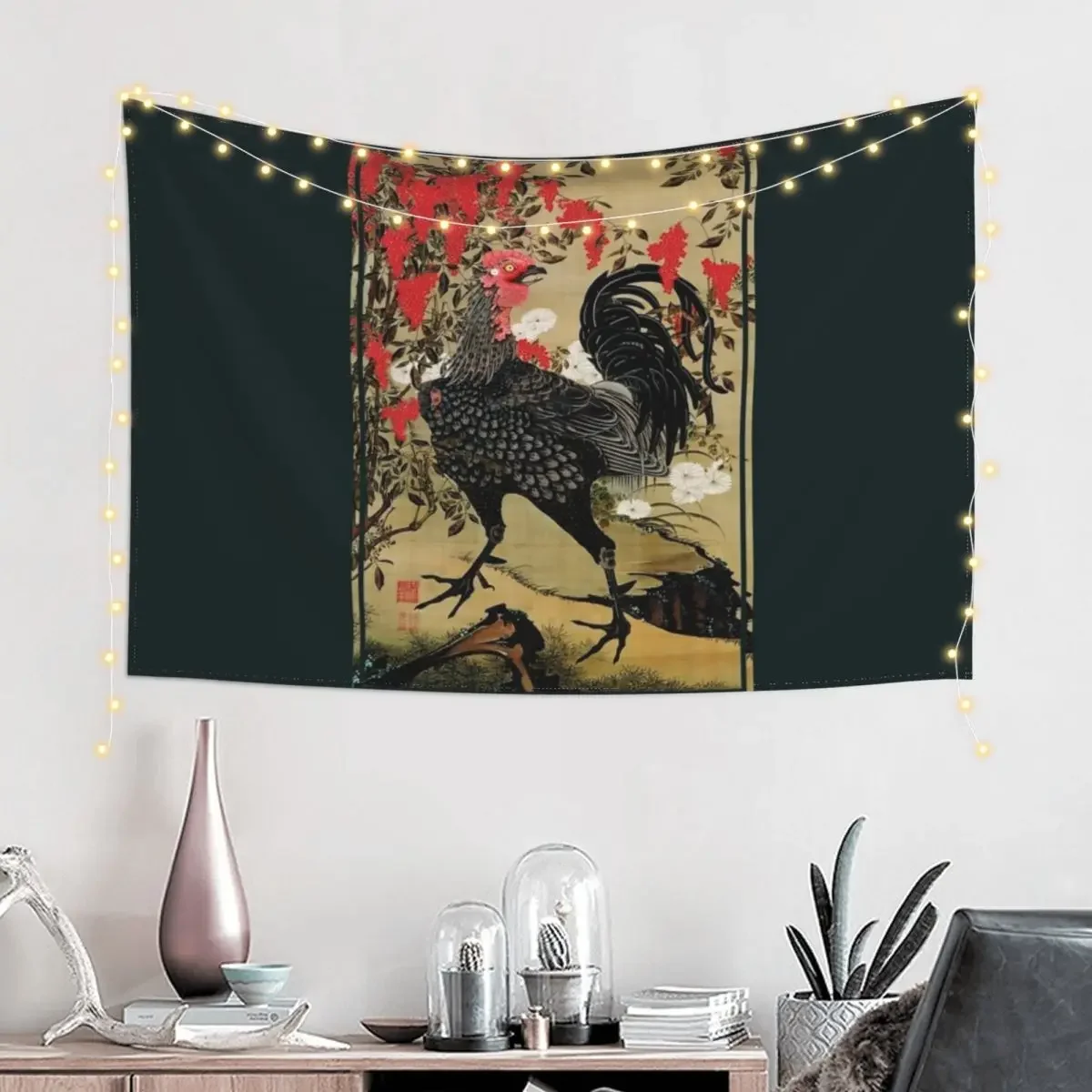 Nandina and Rooster by Ito Jakuchu Tapestry Kawaii Room Decor Wall Decoration Items Tapestry