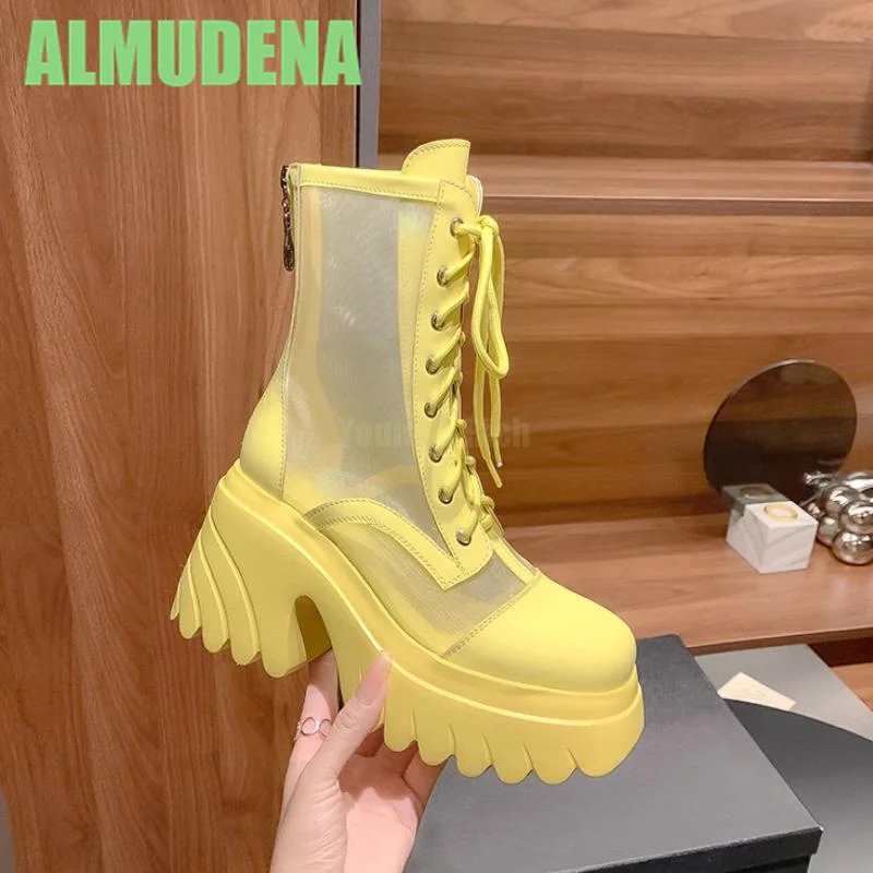 

Thick Soled Mesh Cool Boots Fashionable Hollow Out Breathable Chain Thick Heel Simple Temperament, Square Toe Cool Boots