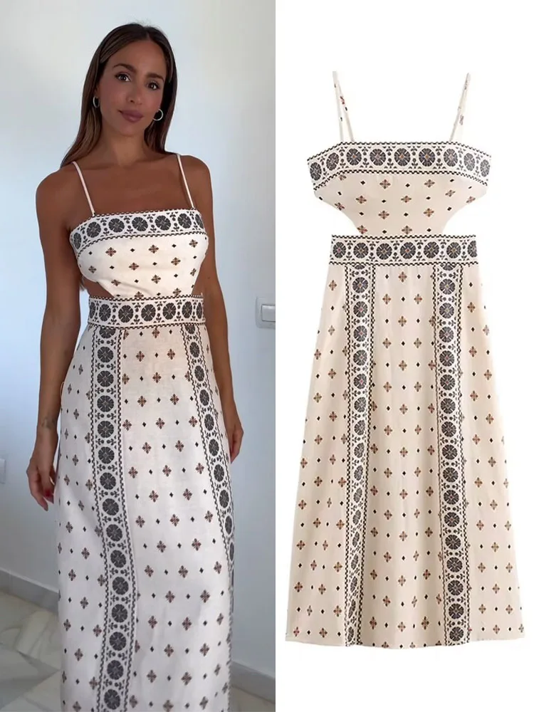 

TRAFZA Woman's Vintage Elegant Long Dress Print Sleeveless Hollow Out Backless Decorate Zipper Summer Dresses Woman Trendy