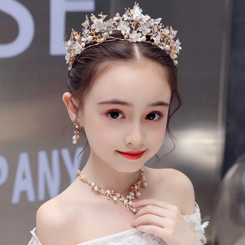 

New Sweet Zircon Girls Children Tiaras Crowns Necklace Ear Clip Three-Piece Suit Bridal Hair Party Jewelry Gifts High-Quality