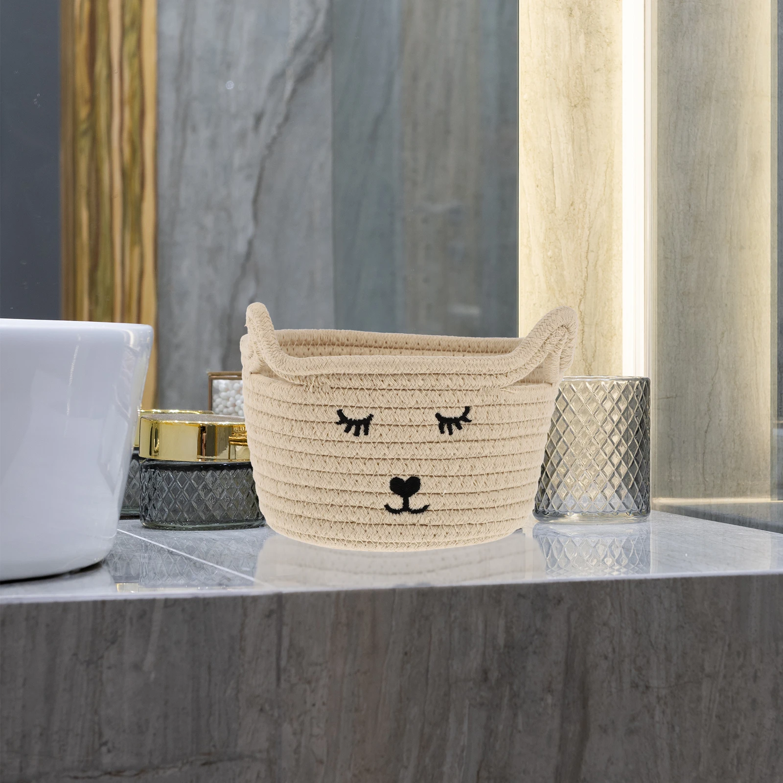 

Cute Cat Storage Basket Cotton Rope Woven Basket Desktop Organizer Adorable Pattern Home Decoration Gift Sundry Snack Holder