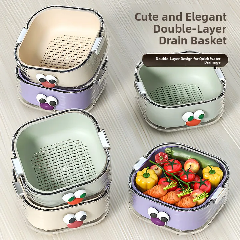 

2026 New Double Layer Vegetable Fruit Draining Basket Home Use Vegetable Waing Basin Fruit Cleaning Tray Eco Friendly PET