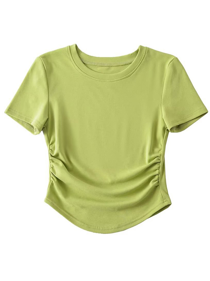 2024 Harajuku Women Crew Neck Short Sleeve Cotton Tee With Ruched Sides Detail T-shirts 