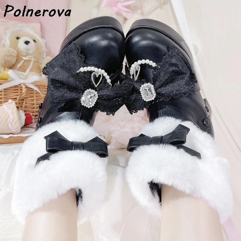 Lace Butterfly Knot Furry Ankle Boots Round Toe Platform Chunky Heels Pearl Chain Shoes Women Fashion Winter Lovely Lolita Shoes