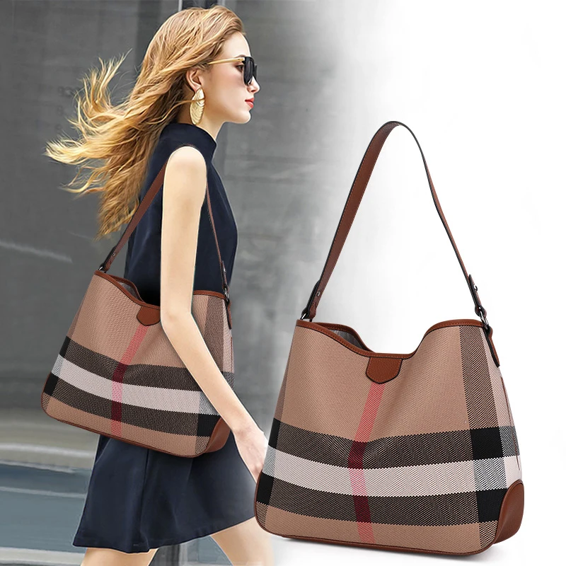 Aidrani Top Layer Leather Women Hobo Bag, Plaid Stripe Patchwork Shoulder Bag, Multi-Pocket Adjustable Strap Purse for Daily