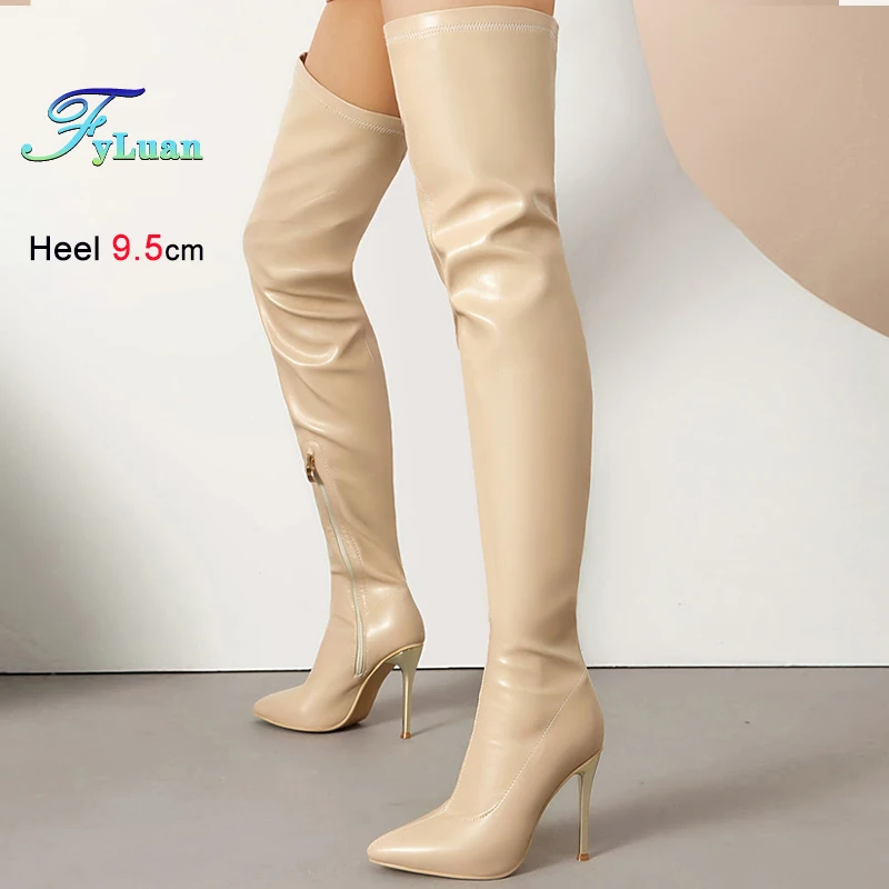 

2025 Autumn Winter Apricot Women's Over-the Knee High Boots Sexy Pointed Toe Thin High Heels 9.5cm Side Zipper Ladies Long Boots