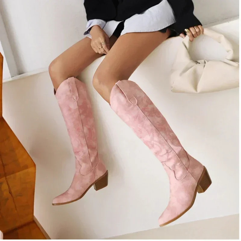 Pointed Toe Knight Boots for Women Brown PU Leather Knee High Boots Woman  Autumn Winter Western Cowboy Long