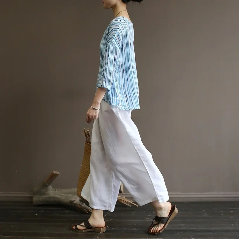 Lässige Baumwoll-Leinen-Hose mit weitem Bein für Damen, lockere Yoga-Hose, Sommer, neu, hohe Taille, neun-Punkte-Hose