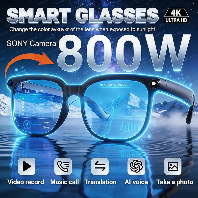 

2026 New AI Smart Glasses Translation 8MP HD Camera 4K Shooting Image Bluetooth Call Recording Music Smart Sunglasses Men Women