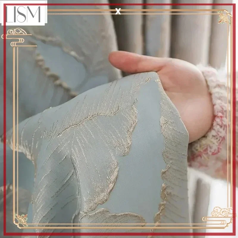 French Pastoral Embossed High-precision Gold Jacquard Curtains for Living Room Bedroom Dining Leaves Blue Blackout Window Decor