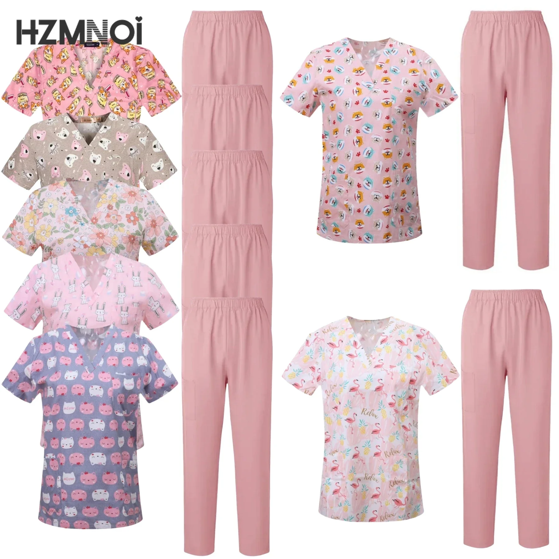 Surgical Uniforms Woman Printing Blouse Pockets Pants Medical Scrub Set Beauty Salon Workwear Clinical Scrubs Top+Pants Spa Suit