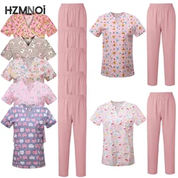 Surgical Uniforms Woman Printing Blouse Pockets Pants Medical Scrub Set Beauty Salon Workwear Clinical Scrubs Top+Pants Spa Suit