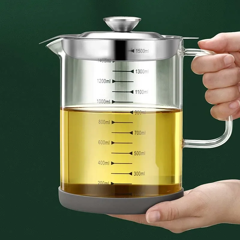 1000/1500ML Glass Fat Separator, Oil/Grease Storage Container/Keeper with Fine Strainer & Dust-proof lid - Kitchen Tools