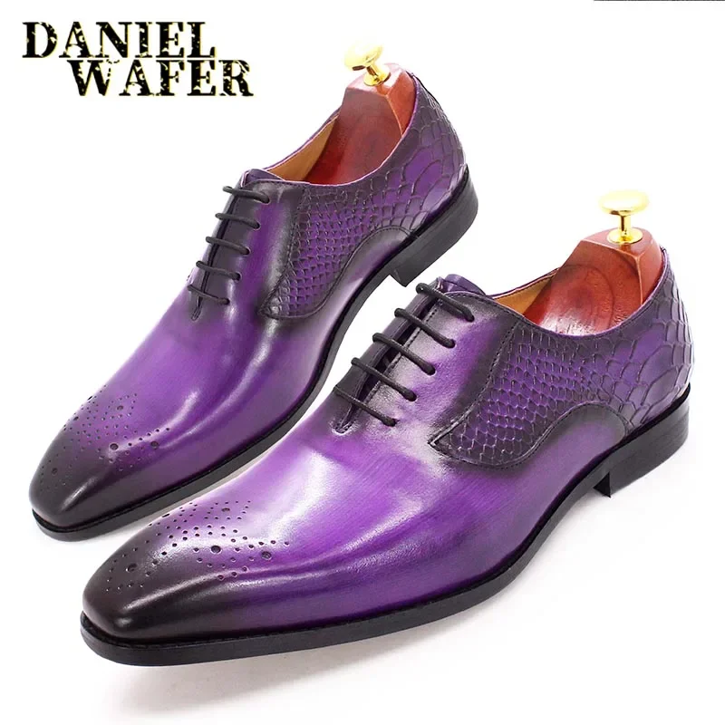 Luxury Men's Genuine Leather Oxford Shoes Snake Skin Print Black/Purple Lace-Up Square Toe Formal Dress Shoes
