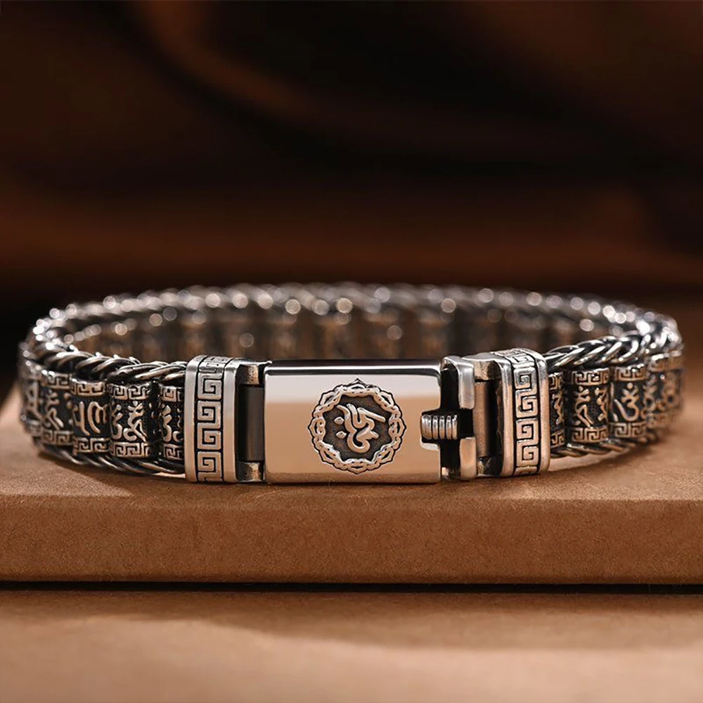 

Retro Style Men Bracelet Simple and Generous Silver Bracelet Woven Six-Character Mantra Bracelet 925Silver Chain Jewelry