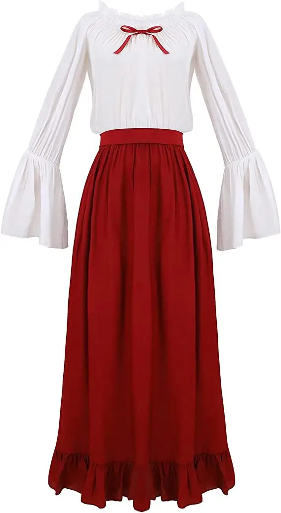 Medieval Renaissance Women Dress High Waist Dresses Retro Solid Color Slim Fit O-neck Long Skirt+shirt image 2