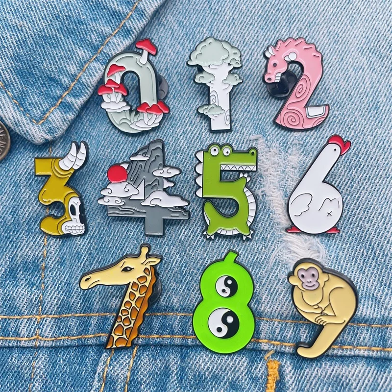 Creative Geometric Animals Arabic Numbers Enamel Brooches Crocodiles Monkeys Scenery Clouds 1 2 3 Fun Alloy Pins Badges Jewelry