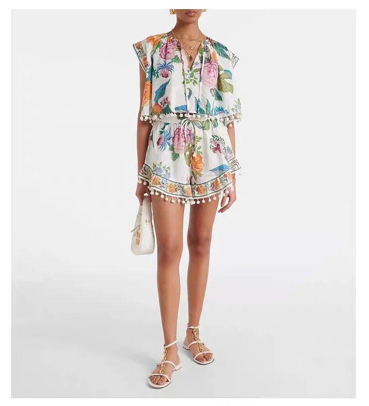 Calças Curtas de Aodão Estampadas Casuais Versáteis para Mulheres Verão 2025 Novo Estilo gável para Viagens