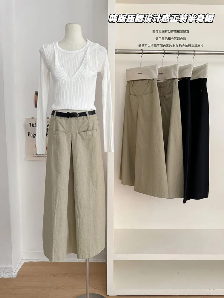 

Korean Style Pleated Design Cargo Skirt Autumn 2024 Women High Qualit All-match New A-line Mid Long Skirt Streetwear New Trend