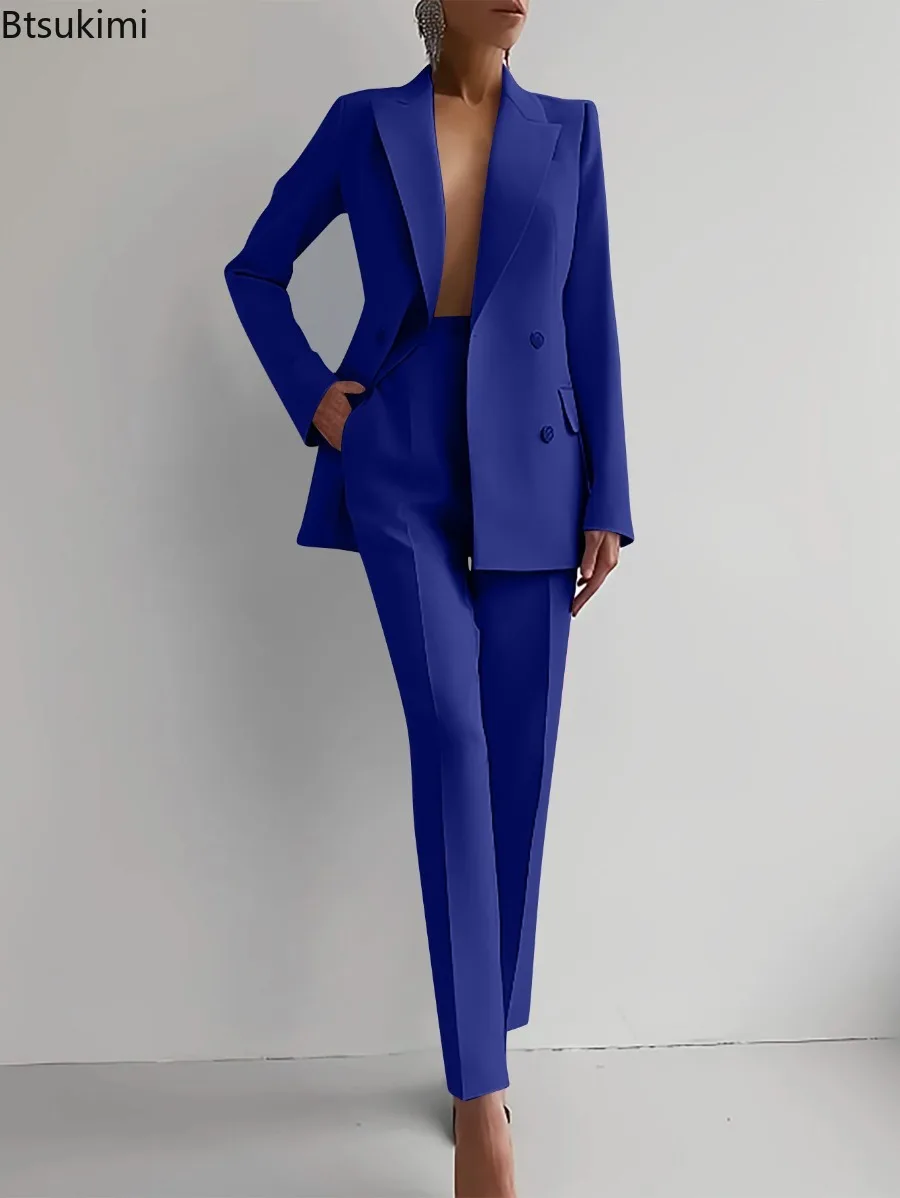 2024 Women's Fashion Matching Sets V Neck Double Breasted Design Blazer Tops+Suit Pant Office Ladies Outfit Elegant 2 Piece Sets