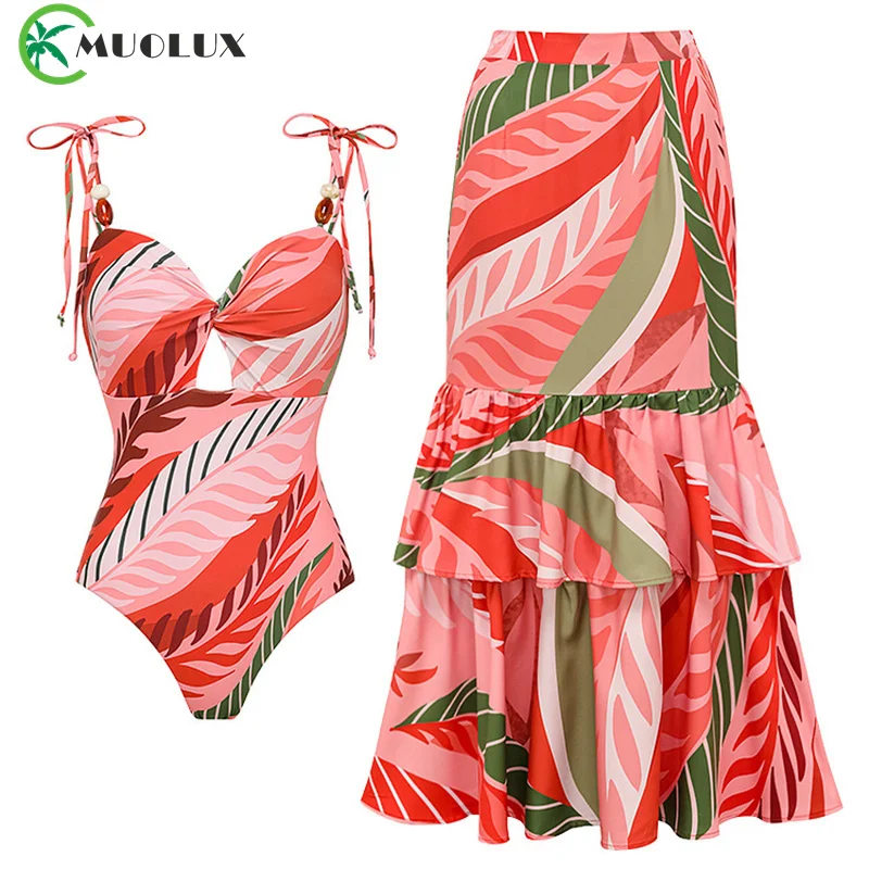 

MUOLUX 2024 Sexy One Piece Swimsuit Summer Women Vintage Print Monokini Swimwear Cover Up Beach Skirt Bathing Suit Dress