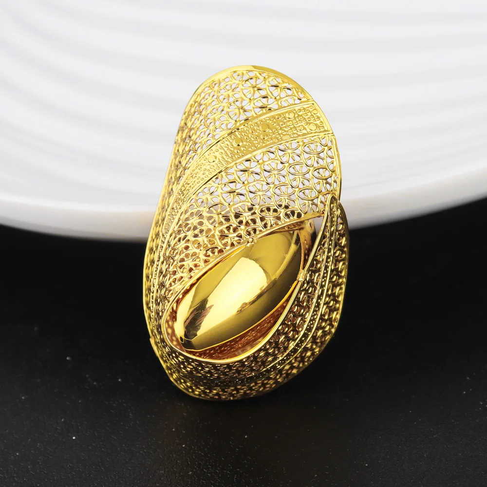 2025 New Trend Gold Color Ring and Earrings For Women Europe and America Exaggerated Hollow Out Jewelry Set For Party Wedding