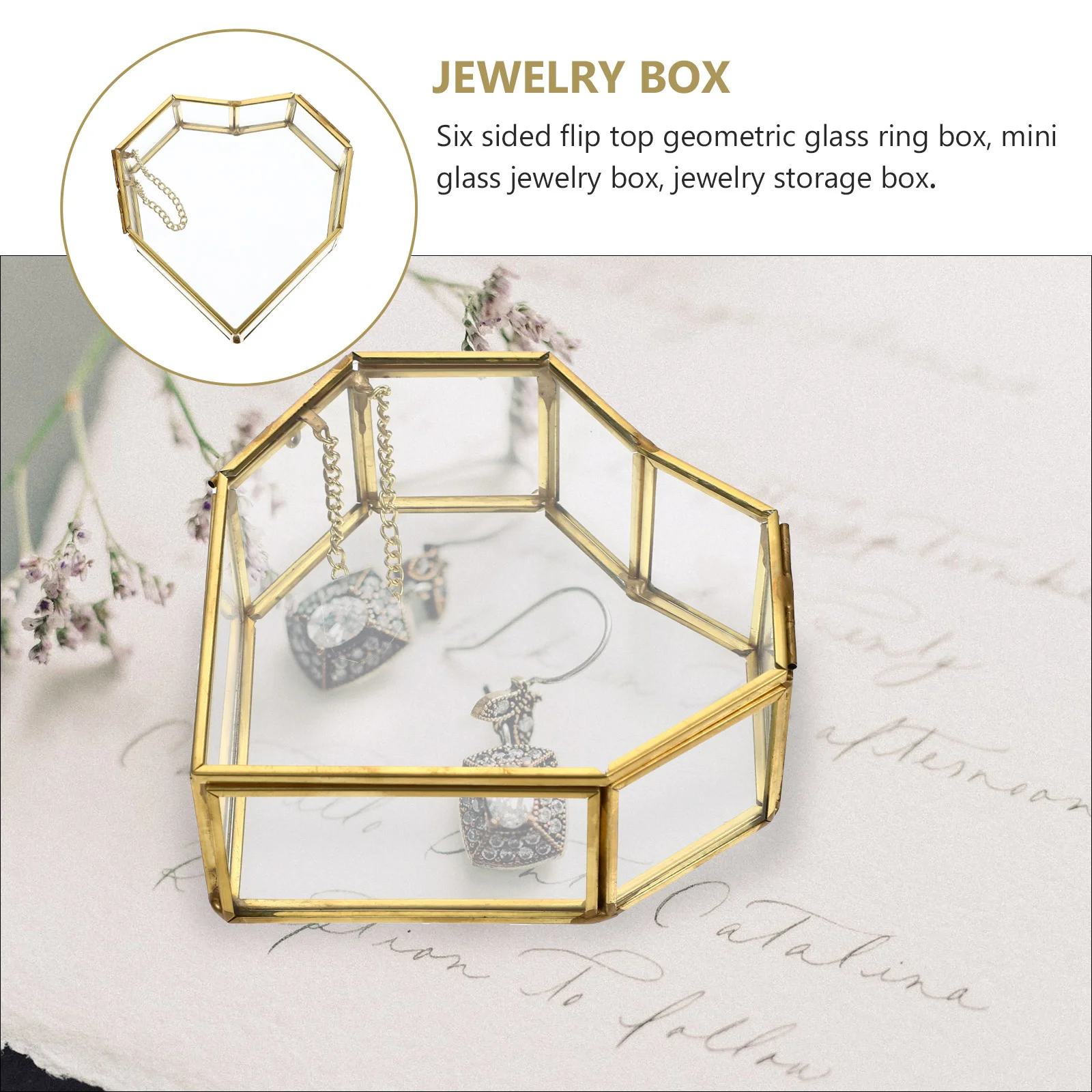 Glass Jewelry Box Heart Shaped Gold Brass Frame Small Jewelry Organizer Wedding Keepsake Display Tray Glass Box